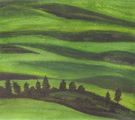 Amateur watercolor drawing of green hills and trees in afternoon sunlightの写真素材
