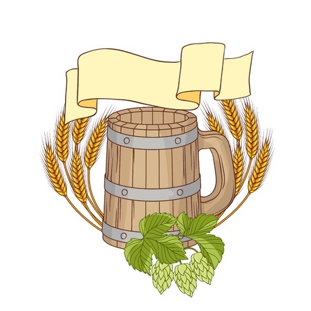 illustration of a barrel, mug, wheat, hops のイラスト素材