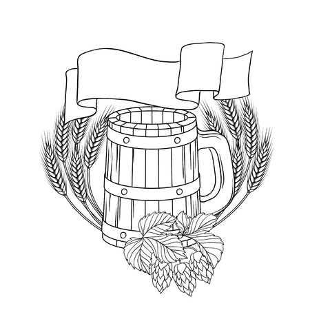 illustration of a barrel, mug, wheat, hops のイラスト素材
