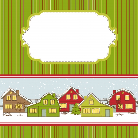 Christmas card, cute little town in winterのイラスト素材