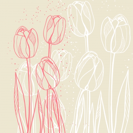Abstract floral illustration with tulips on beige background のイラスト素材