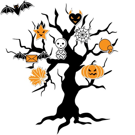 Set of cute vector Halloween icons in terrible tree のイラスト素材