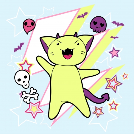 Vector kawaii illustration Halloween cat and creatures のイラスト素材