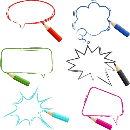 Set of hand-drawn speech bubbles with pencils のイラスト素材