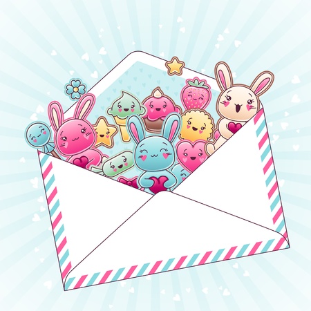 Cute child background with kawaii doodles のイラスト素材