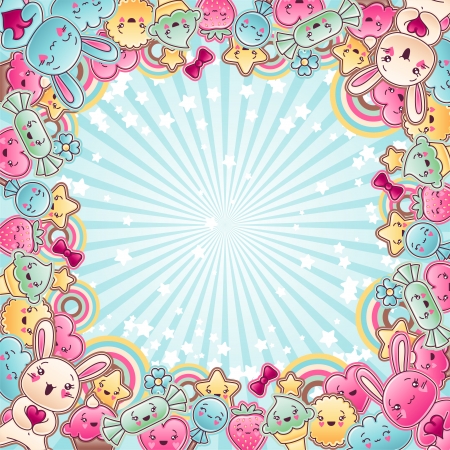 Cute child background with kawaii doodles のイラスト素材
