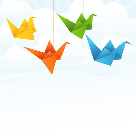 Origami paper birds flight abstract background のイラスト素材