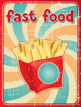 Fast food background with french fries in retro style のイラスト素材