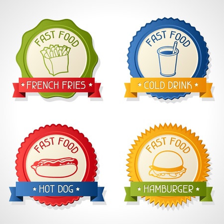 Set of badges with burger, hot dog, french-fry and drink のイラスト素材