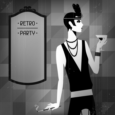 Retro party background with beautiful girl of 1920s style.のイラスト素材