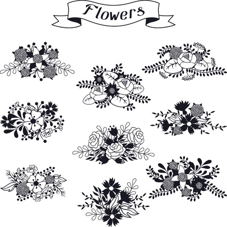 Set of floral bouquets various flowers in retro style.のイラスト素材