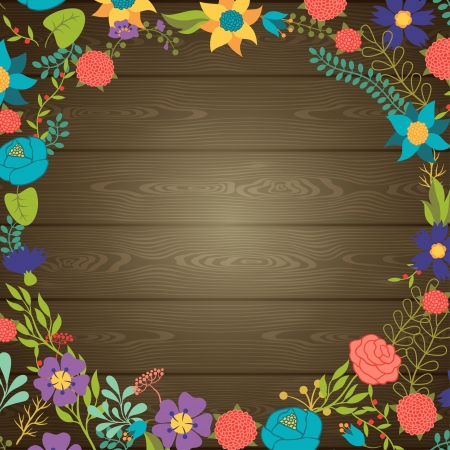 Wood texture background with various flowers.のイラスト素材