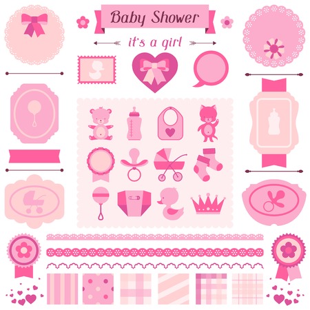 Girl baby shower set of elements for design.のイラスト素材
