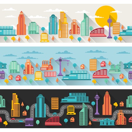 Cityscape seamless horizontal banners with buildings.のイラスト素材