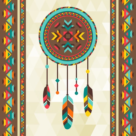 Ethnic background with dreamcatcher in navajo design.のイラスト素材