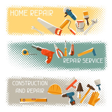 Repair and construction horizontal banners with tools icons.のイラスト素材