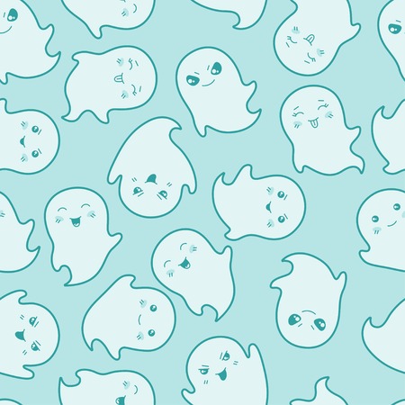 Seamless kawaii cartoon pattern with cute ghosts のイラスト素材