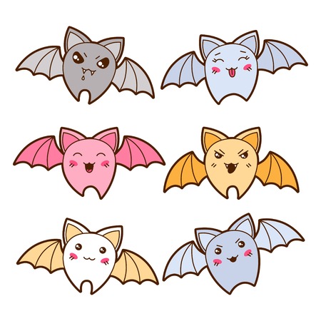 Set of kawaii bats with different facial expressions のイラスト素材