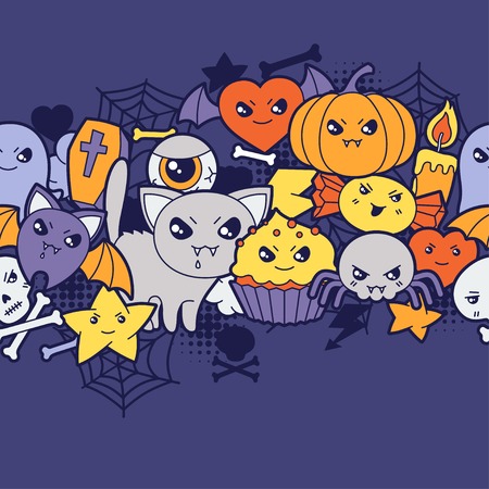Seamless halloween kawaii pattern with cute doodles  のイラスト素材