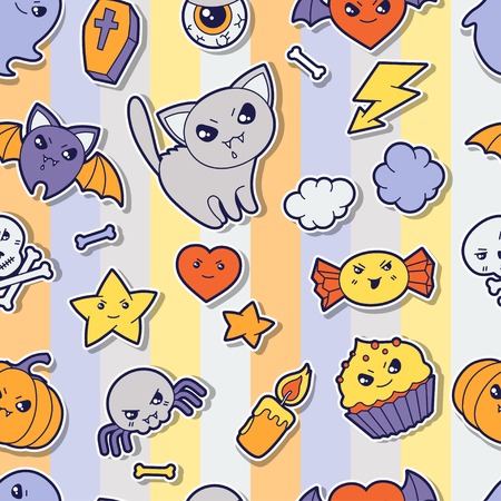 Seamless halloween kawaii pattern with sticker cute doodles  のイラスト素材