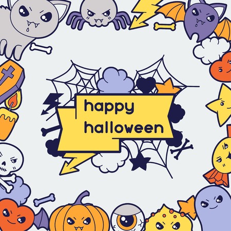 Halloween kawaii greeting card with cute doodles のイラスト素材