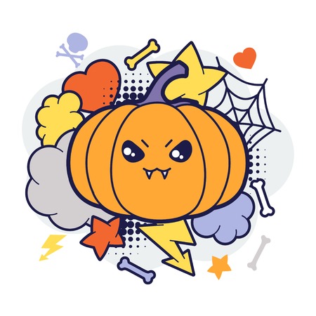 Halloween kawaii print or card with cute doodle pumpkin のイラスト素材