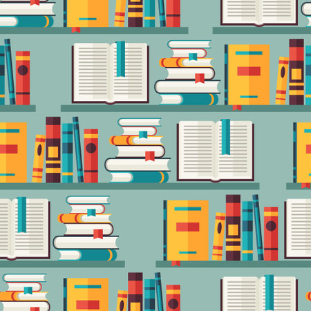 Seamless pattern with books on bookshelves in flat design style のイラスト素材