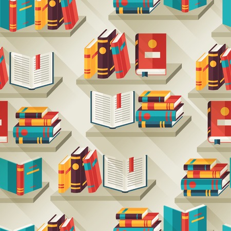 Seamless pattern with books on bookshelves in flat design style のイラスト素材