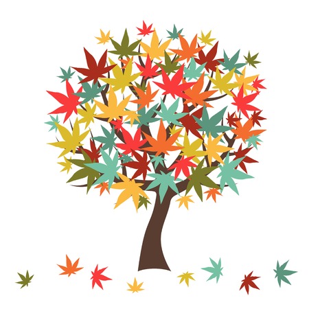 Stylized autumn tree with falling leaves for greeting card.のイラスト素材