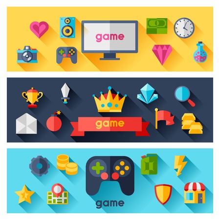 Horizontal banners with game icons in flat design style.のイラスト素材