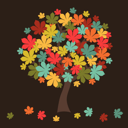Stylized autumn tree with falling leaves for greeting card.のイラスト素材