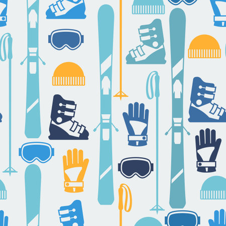 Sports seamless pattern with skiing equipment flat icons.のイラスト素材