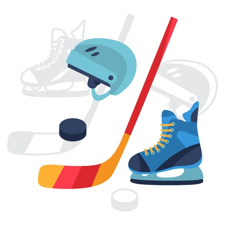 Hockey equipment icons set in flat design style.のイラスト素材