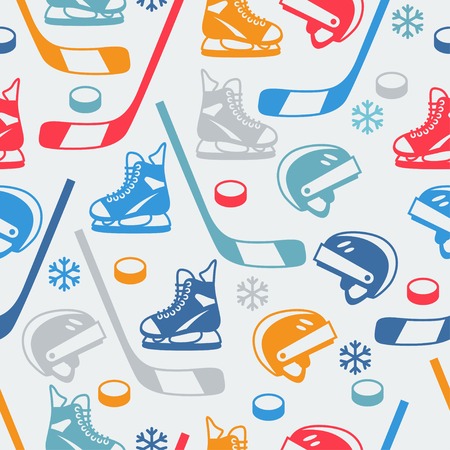 Sports seamless pattern with hockey equipment flat icons.のイラスト素材