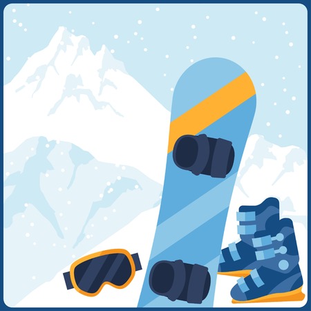 Snowboarding equipment on background of mountain landscape.のイラスト素材