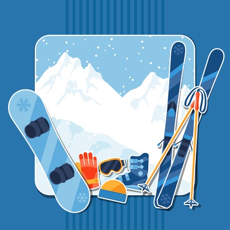 Winter sports background with equipment sticker flat icons.のイラスト素材