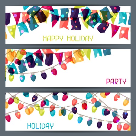 Holiday colorful horizontal banners with flags and garland.のイラスト素材