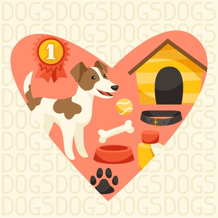 Background with cute dog, icons and objects.のイラスト素材