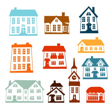 Town icon set of cute colorful houses.のイラスト素材