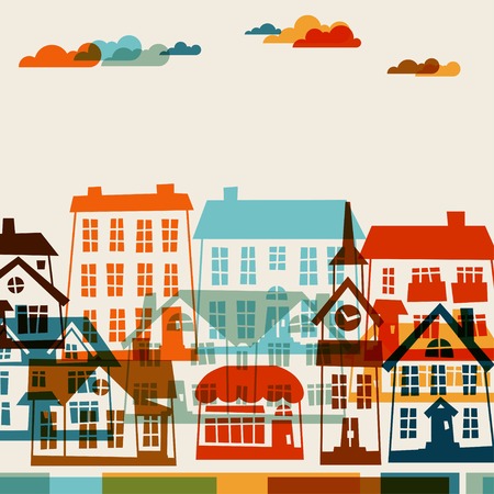Town background design with cute colorful houses.のイラスト素材