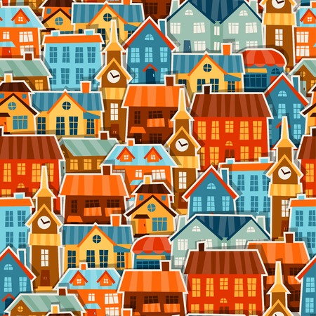 Town seamless pattern with cute colorful sticker houses.のイラスト素材