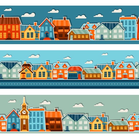 Town seamless patterns with cute colorful sticker houses.のイラスト素材