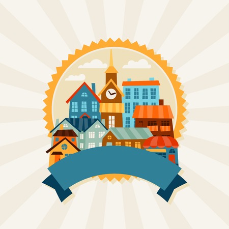 Town background design with cute colorful houses.のイラスト素材