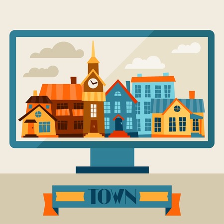 Concept illustration with computer and city panorama.のイラスト素材