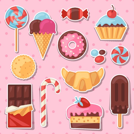 Set of colorful sticker candy, sweets and cakes.のイラスト素材