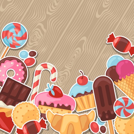 Background with colorful sticker candy, sweets and cakes.のイラスト素材