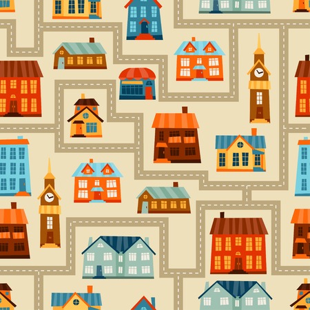 Town seamless pattern with cute colorful houses.のイラスト素材