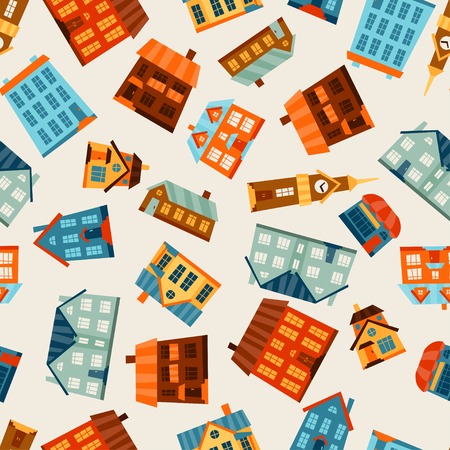 Town seamless pattern with cute colorful houses.のイラスト素材