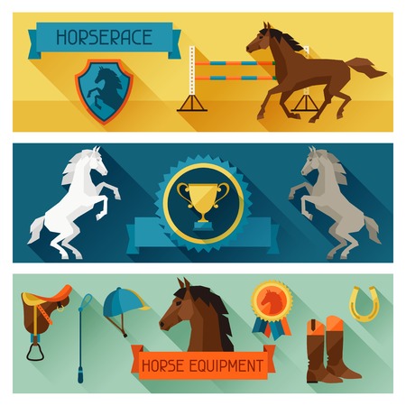 Horizontal banners with horse equipment in flat style.のイラスト素材