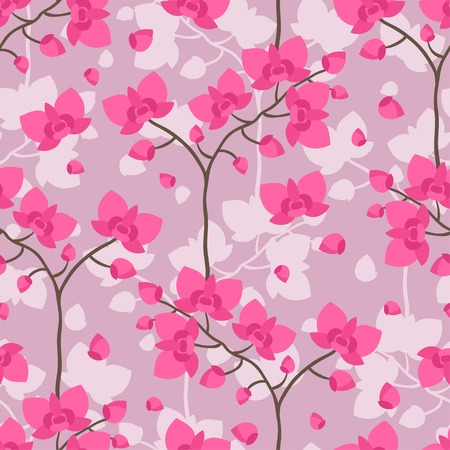 Seamless tropical pattern with stylized orchid flowers.のイラスト素材